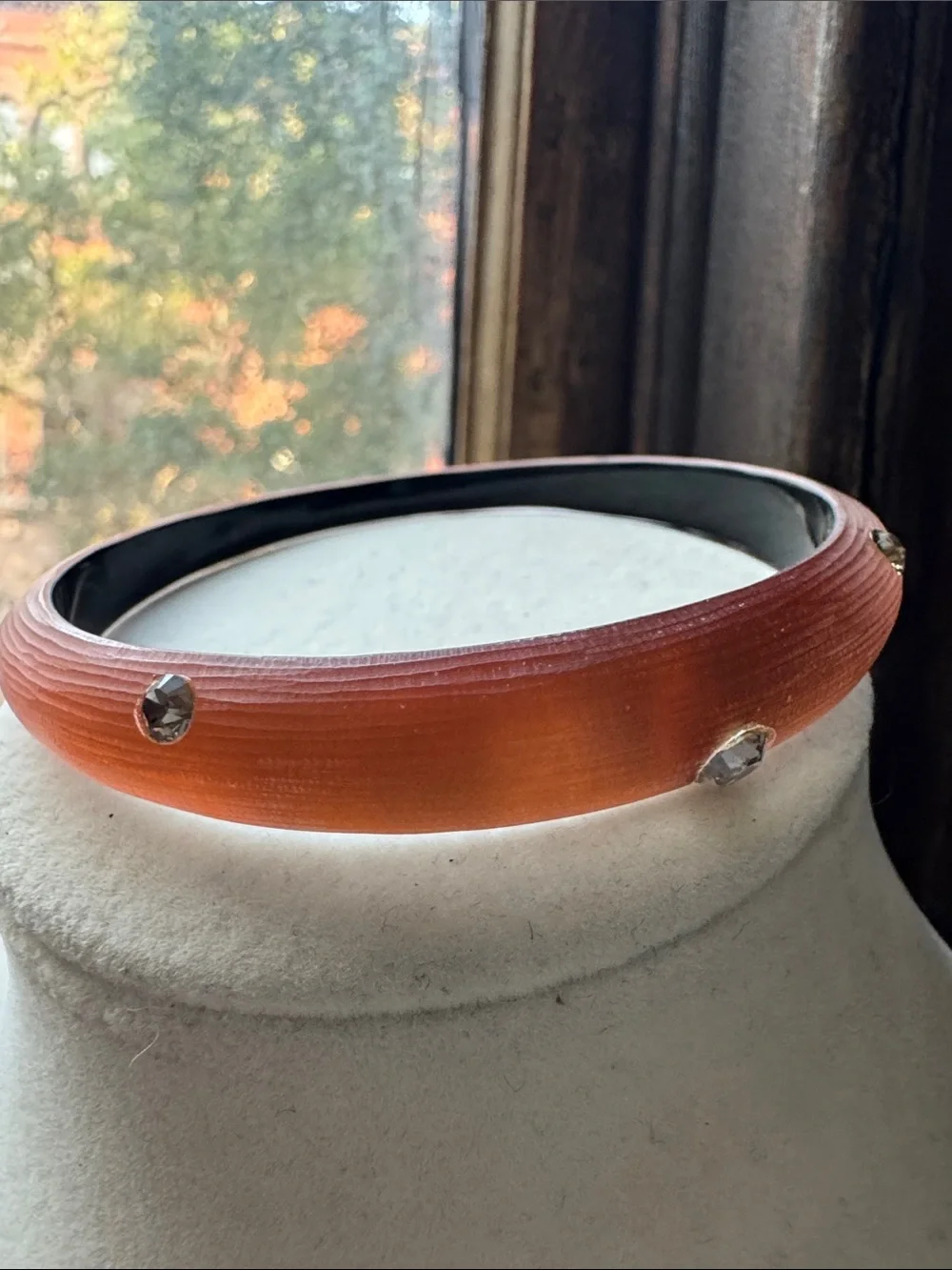 Alexis Bittar Burnt Orange Vintage Lucite Rhinestone Bangle Bracelet Hand-Carved
